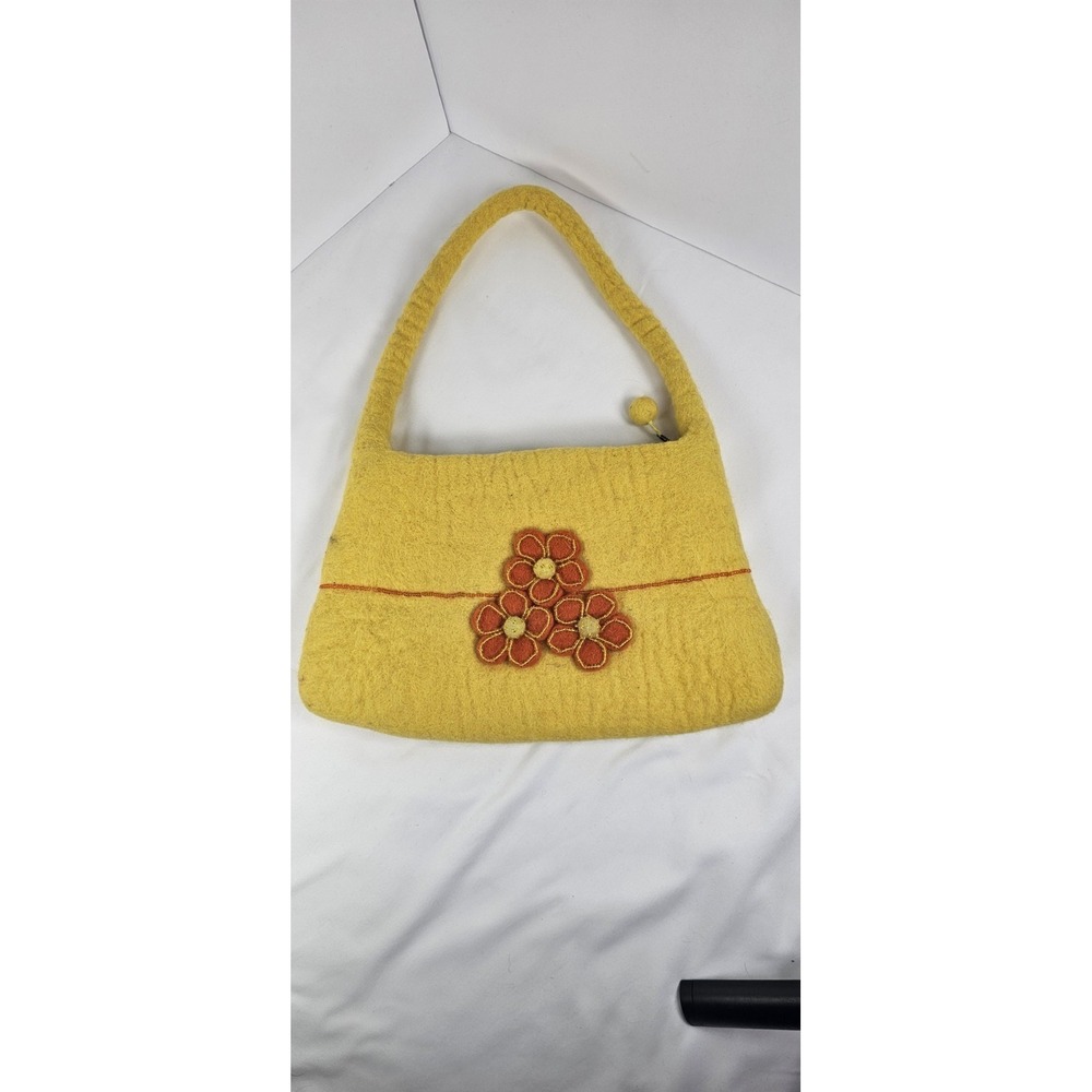 Vintage Yellow Felt Flower Purse Boho Retro Shoulder Bag Floral Accent Zipper